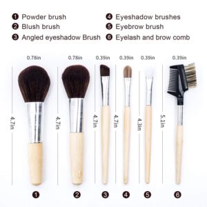 Natural Bamboo Makeup Brushes 6pcs Mini Cosmetic Makeup Brushes Set With Travel Bag Case Powder Blush Eye Shadows Eyebrow Make Up Brushes Kit(Beige)