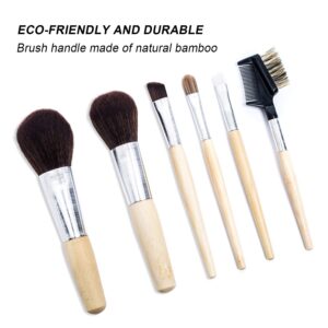 Natural Bamboo Makeup Brushes 6pcs Mini Cosmetic Makeup Brushes Set With Travel Bag Case Powder Blush Eye Shadows Eyebrow Make Up Brushes Kit(Beige)