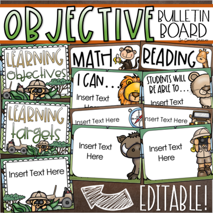 Learning Objectives Bulletin Board Display Jungle Safari Theme Editable