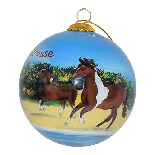 Blown Glass Christmas Ornament | Horses at Currituck Lighthouse | Hand Painted Inside | Original Art | Includes Gift Box