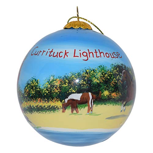 Blown Glass Christmas Ornament | Horses at Currituck Lighthouse | Hand Painted Inside | Original Art | Includes Gift Box