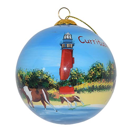 Blown Glass Christmas Ornament | Horses at Currituck Lighthouse | Hand Painted Inside | Original Art | Includes Gift Box