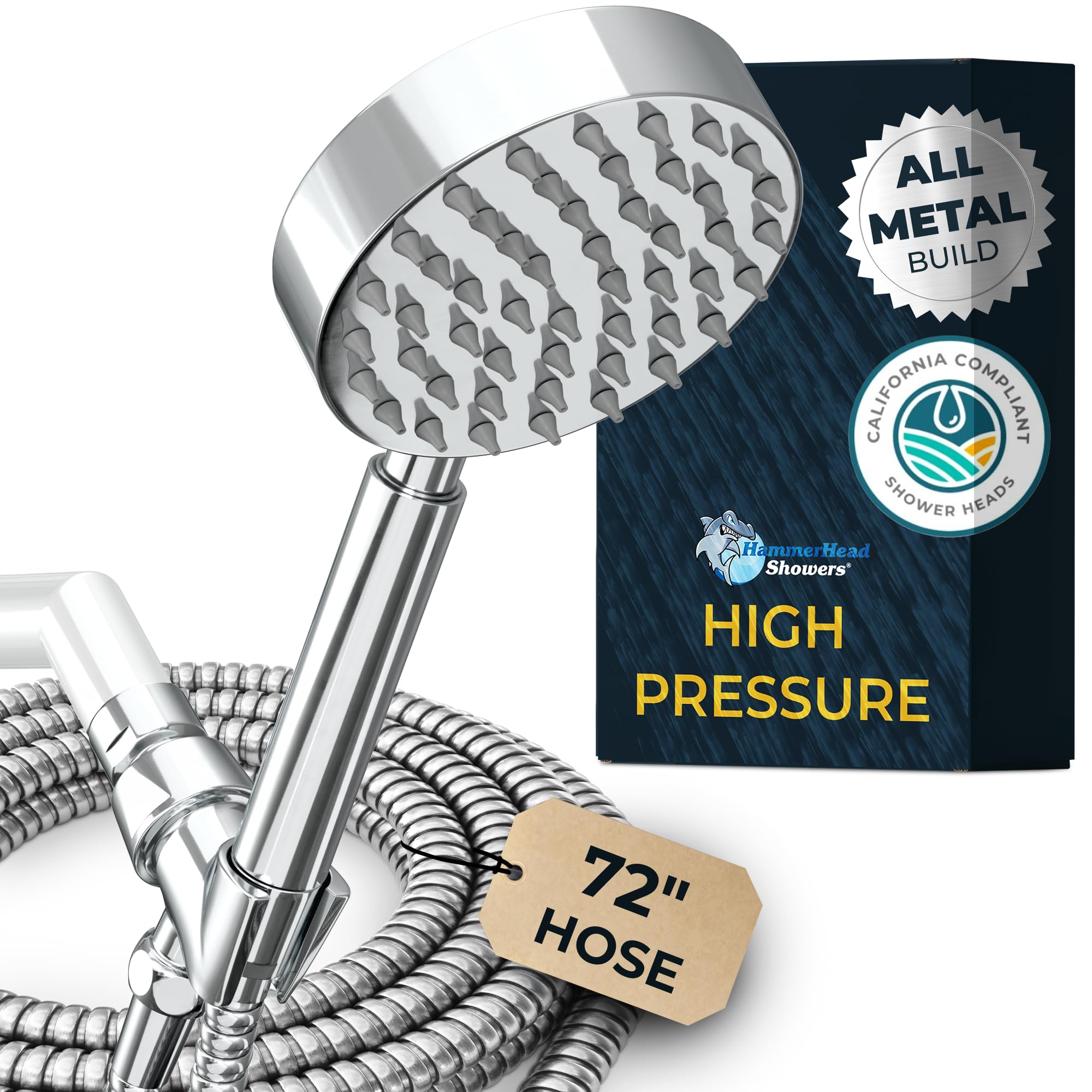 HammerHead Showers® ALL METAL LOW FLOW Handheld Shower Head with Hose and Brass Holder - CHROME – Water Saving 1.75 GPM Detachable Shower Head - Adjustable Shower Wand Bracket & 6ft Hose