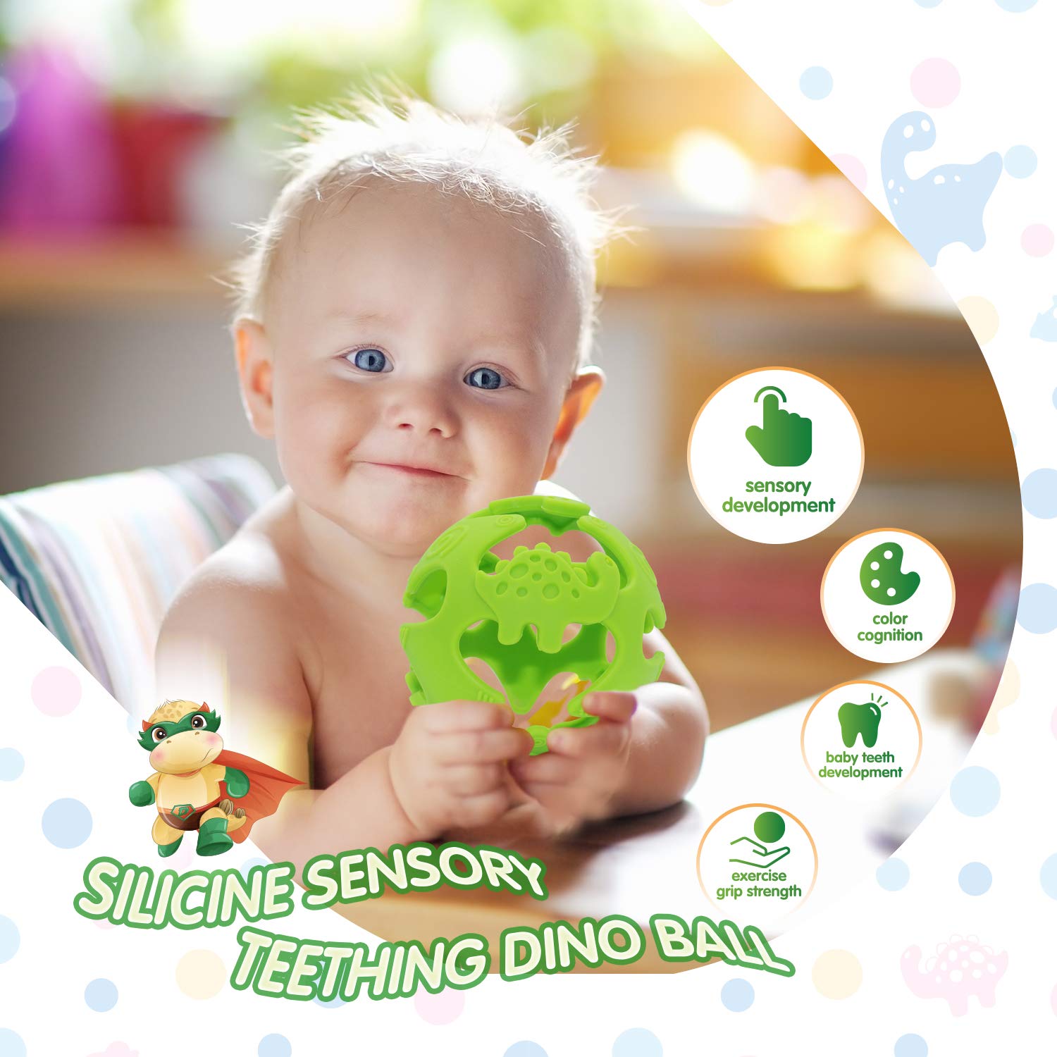 ONTA Baby Teething Toys Easy to Hold Dinosaur Teether Ball Food Grade Silicone Lightweight, Flexible and Durable Infant Pacifier Soothe Gums and Stimulate Tactile Sense Best Baby Gift