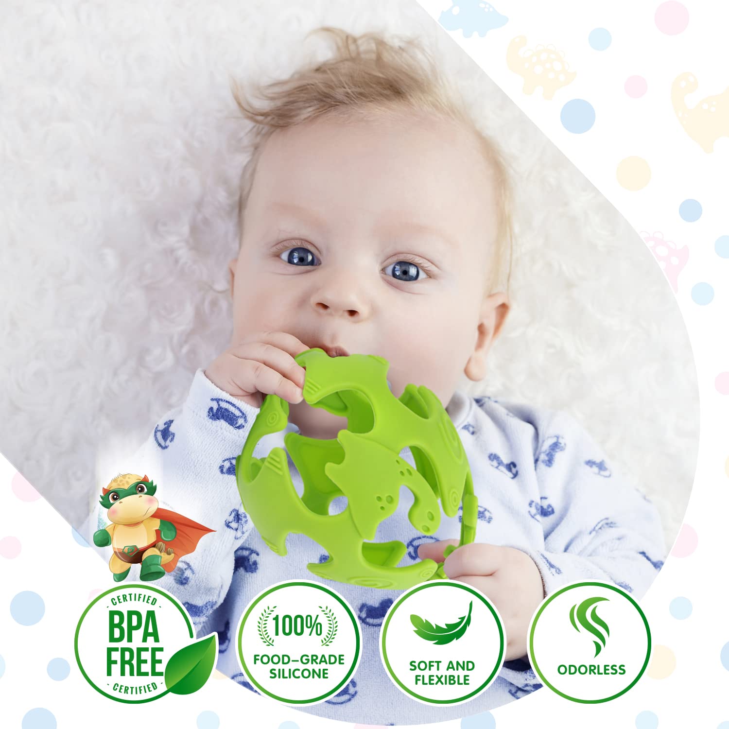 ONTA Baby Teething Toys Easy to Hold Dinosaur Teether Ball Food Grade Silicone Lightweight, Flexible and Durable Infant Pacifier Soothe Gums and Stimulate Tactile Sense Best Baby Gift