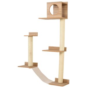 pawhut wall-mounted multi-level cat tree activity tower with sisal-covered scratching posts & an interior condo area