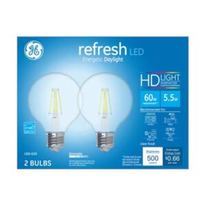 led refresh globe light bulbs, clear daylight, 500 lumens, 5.5-watts, 2-pk.
