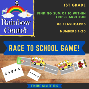 find the sum of ten in triple addition equations - race to school game! printable game & 88 flashcards. 1st grade - operations and algebraic thinking using numbers 1-20