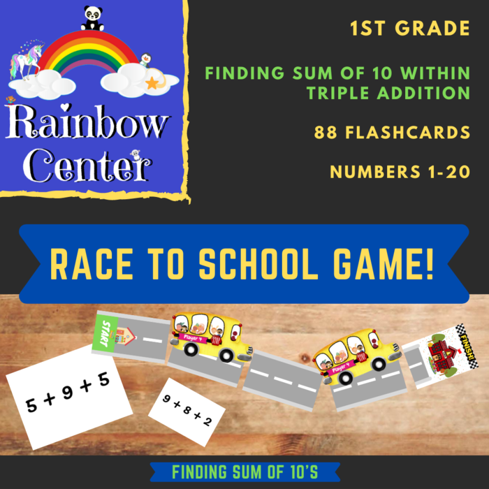 Find The Sum of Ten in Triple Addition Equations - Race to School Game! Printable Game & 88 Flashcards. 1st Grade - Operations and Algebraic Thinking Using Numbers 1-20