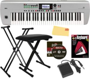 korg i3 music workstation - matte silver bundle with adjustable stand, bench, sustain pedal, instructional book, austin bazaar instructional dvd, and polishing cloth