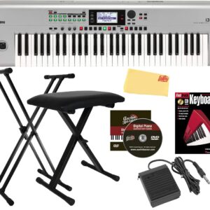 Korg i3 Music Workstation - Matte Silver Bundle with Adjustable Stand, Bench, Sustain Pedal, Instructional Book, Austin Bazaar Instructional DVD, and Polishing Cloth