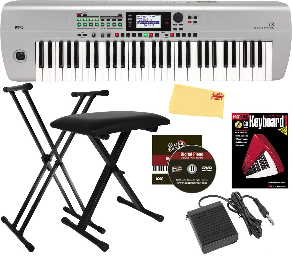 Korg i3 Music Workstation - Matte Silver Bundle with Adjustable Stand, Bench, Sustain Pedal, Instructional Book, Austin Bazaar Instructional DVD, and Polishing Cloth