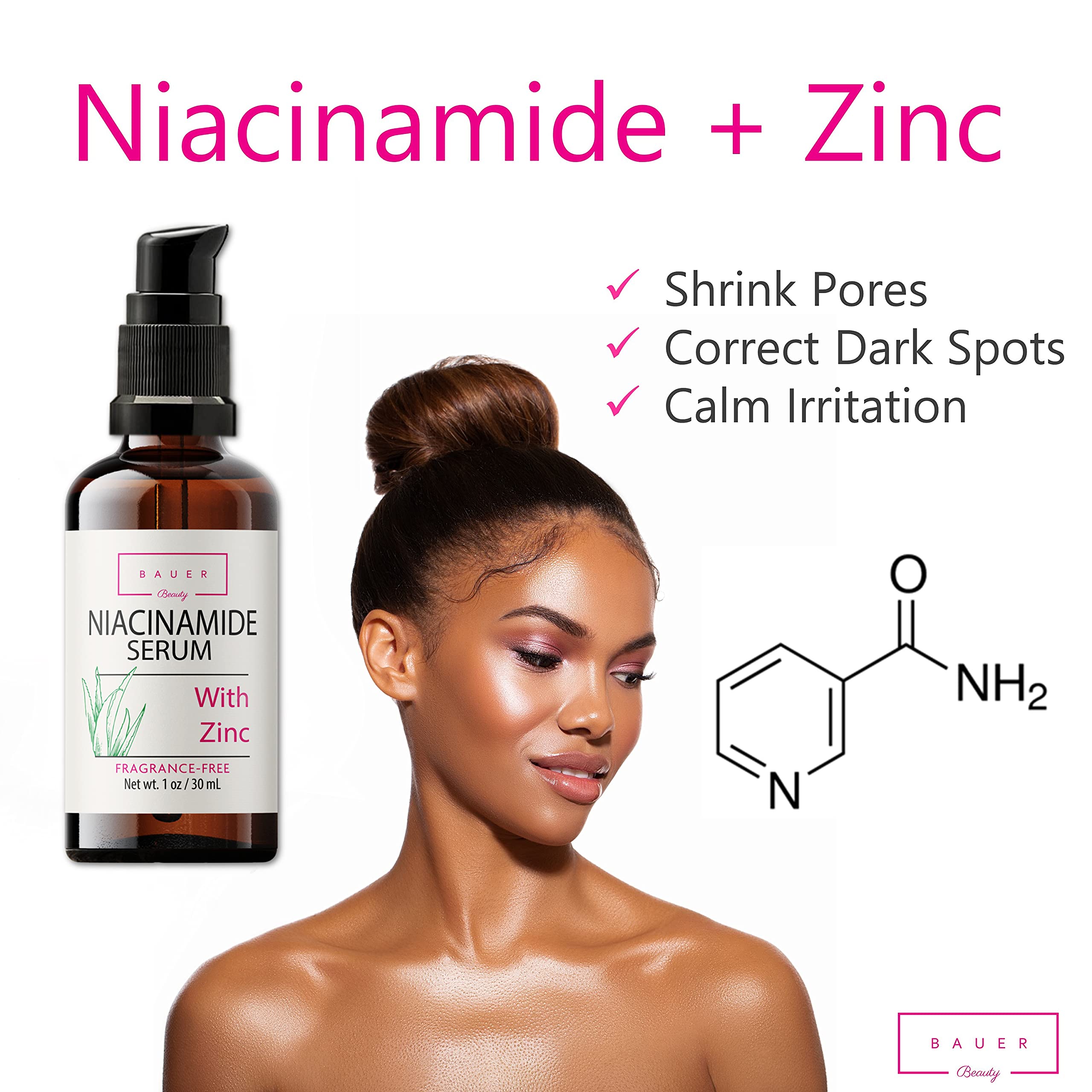 Bauer Beauty Niacinamide Serum 5% With Zinc Pore Minimizer Acne Scar & Anti Aging, Brightening Dark Spot, Reducing Oil And Repair Skin Serum-DERMATOLOGIST TESTED