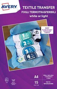 avery uk textile transfer paper for light cottons, laser printers,1 printable fabric transfer per a4 sheet, 15 sheets per pack, white md1004.uk