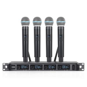 xtuga a140 wireless microphone system,4 channel uhf handheld mic karaoke machine with metal build,long range 300ft for church/karaoke/weddings/events