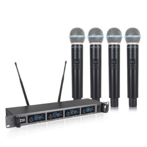 XTUGA A140 Wireless Microphone System,4 Channel UHF Handheld Mic Karaoke Machine with Metal Build,Long Range 300ft for Church/Karaoke/Weddings/Events