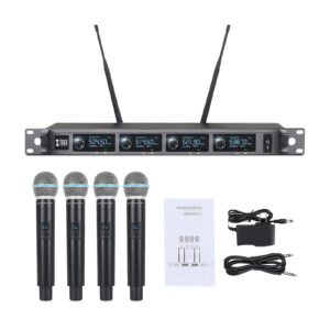 XTUGA A140 Wireless Microphone System,4 Channel UHF Handheld Mic Karaoke Machine with Metal Build,Long Range 300ft for Church/Karaoke/Weddings/Events