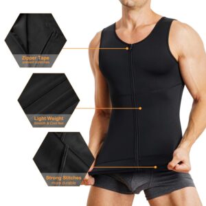 MOLUTAN Mens Compression Shirt Belly Slimming Body Shaper Vest Sleeveless Zipper Undershirt Tank Top Shapewear for Stomach and Back (Black, X-Large)