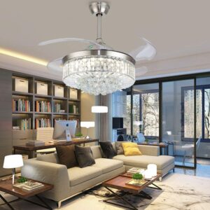 gdrasuya10 crystal ceiling fan dimmable chandelier with lights and remote modern invisible retractable led fan for living room bedroom basement kitchen garage decorations -polished chrome 42 inches