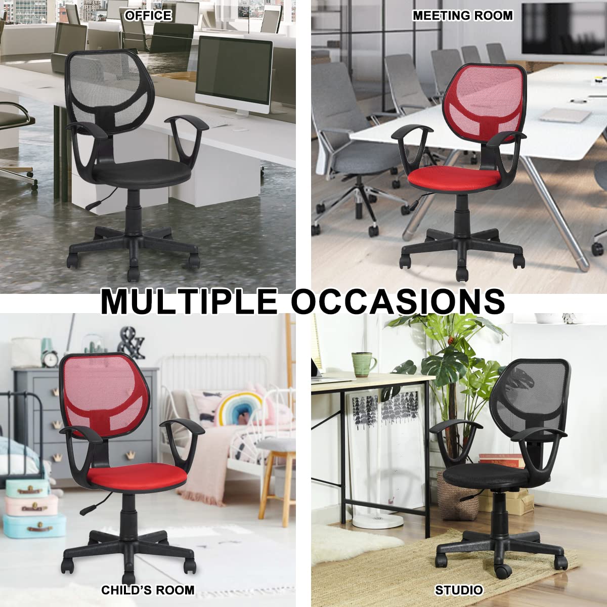 Geniqua Red Mesh Office Chair Ergonomic Back Support Mid-Back Home Computer Chair Swivel Adjustable Task Chair, for Home Office