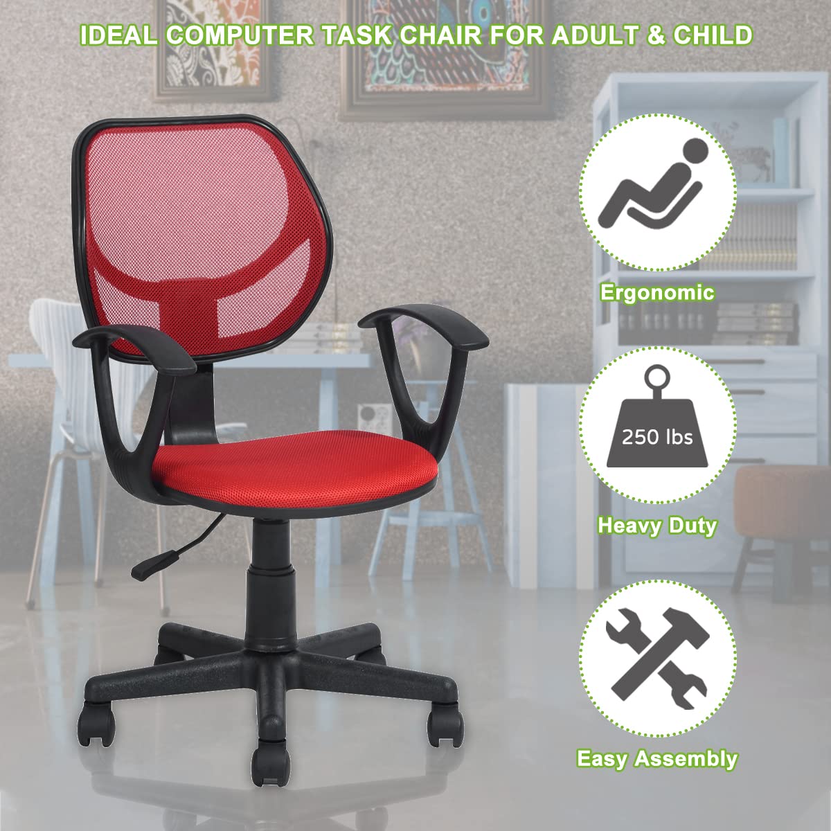 Geniqua Red Mesh Office Chair Ergonomic Back Support Mid-Back Home Computer Chair Swivel Adjustable Task Chair, for Home Office