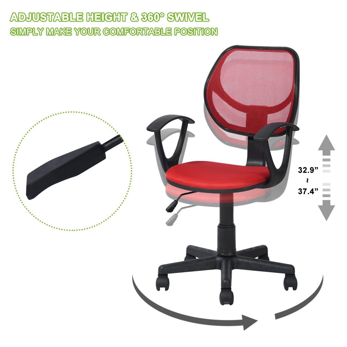 Geniqua Red Mesh Office Chair Ergonomic Back Support Mid-Back Home Computer Chair Swivel Adjustable Task Chair, for Home Office