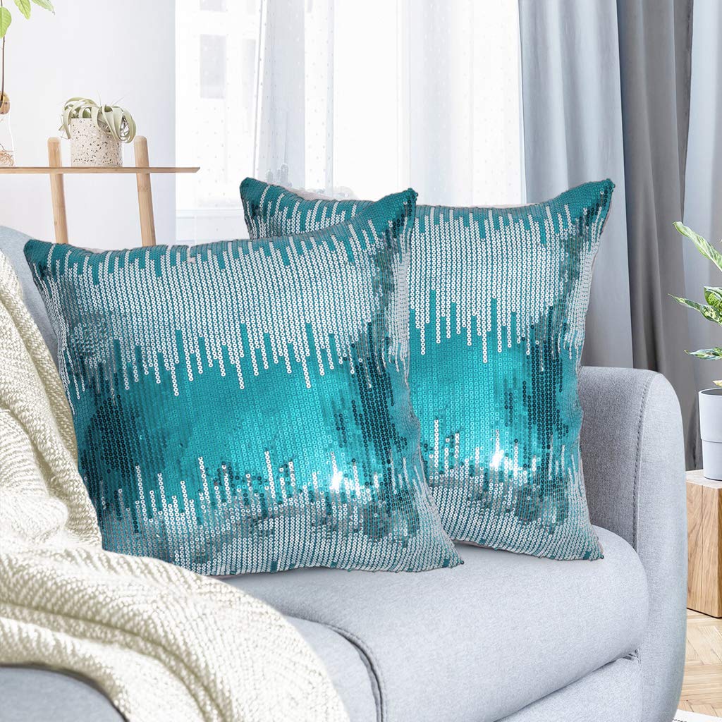 Juya Delight Sequin Throw Pillowcases Teal and Silver Sparkle Pillow Cushion Covers for Couch Sofa Home Decor,18x18 inches, Set of 2