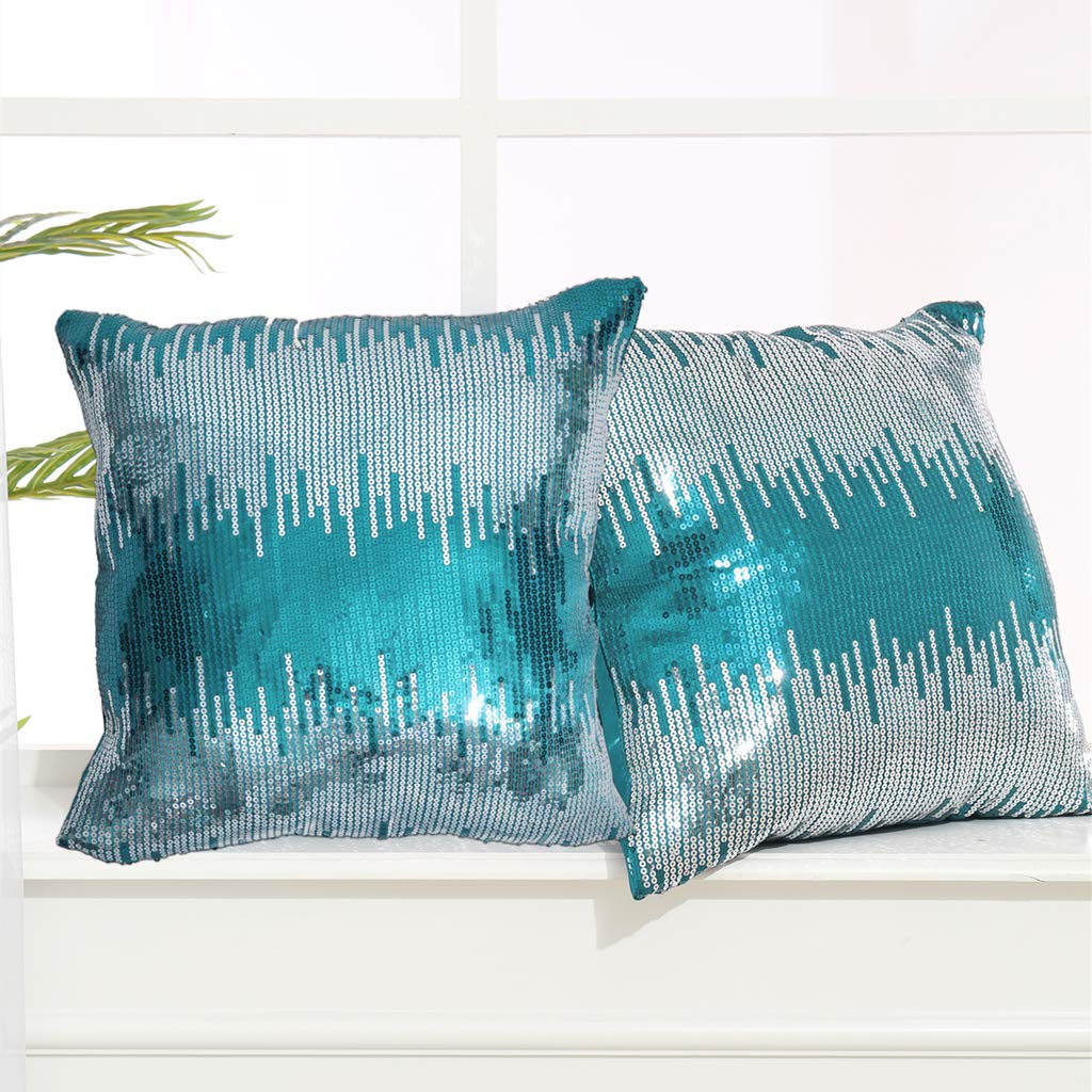 Juya Delight Sequin Throw Pillowcases Teal and Silver Sparkle Pillow Cushion Covers for Couch Sofa Home Decor,18x18 inches, Set of 2