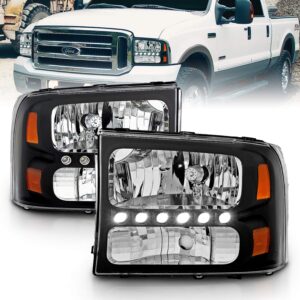amerilite black 1pc unit replacement headlights w/led parking for ford 2000-2004 excursion / 99-04 super duty - passenger and driver side