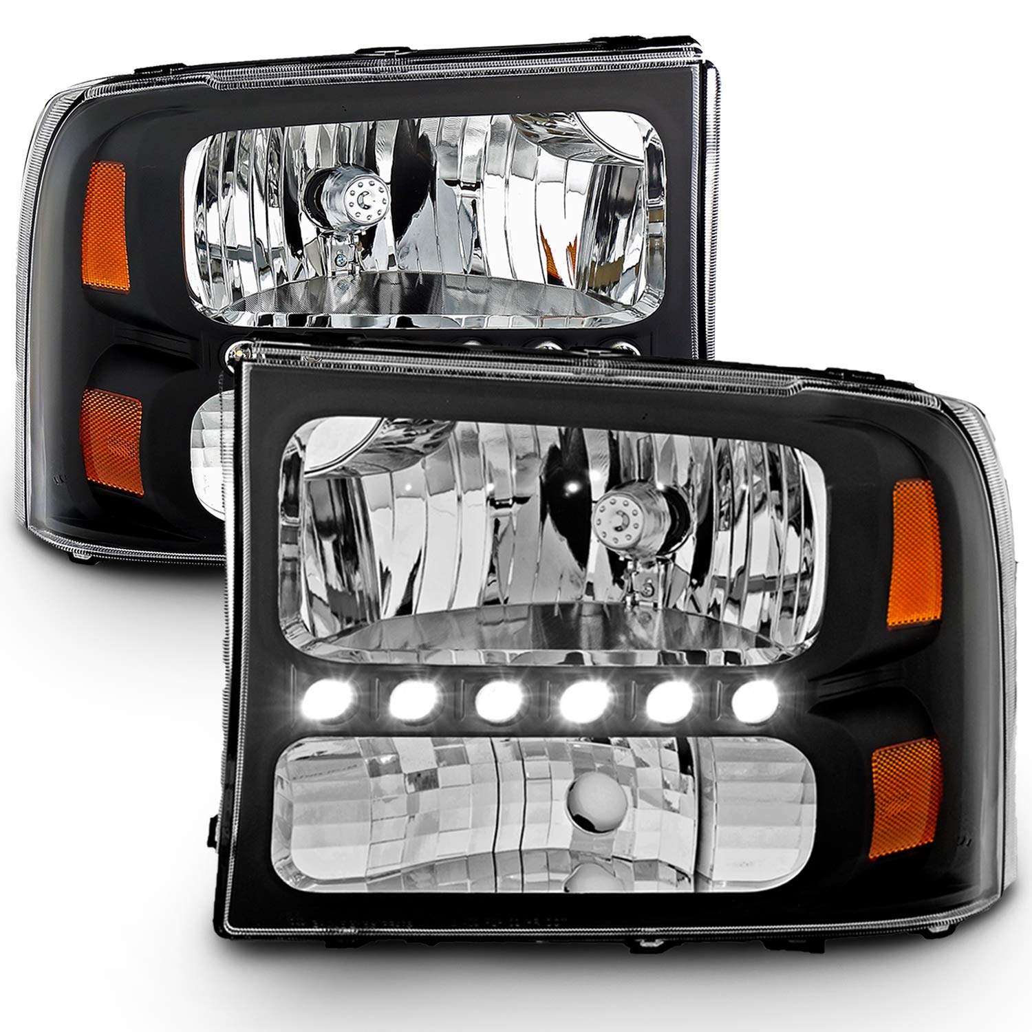 AmeriLite Black 1pc Unit Replacement Headlights w/LED Parking For Ford 2000-2004 Excursion / 99-04 Super Duty - Passenger and Driver Side