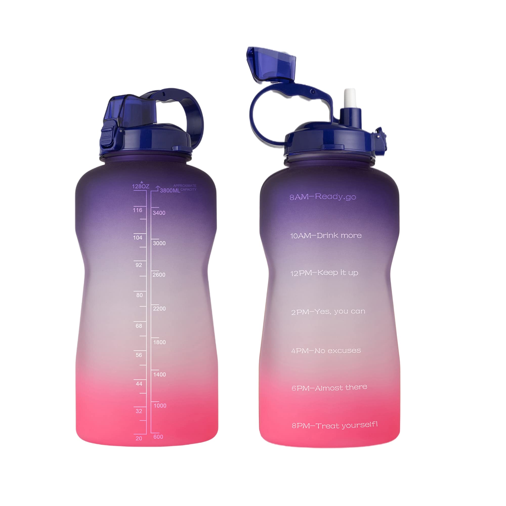 YIREN Large 1 Gallon Water Bottle with Time Marker Motivational & Straw, Leakproof Tritan BPA Free for Fitness, Gym, Outdoor Sports and Work (Purple to Pink)