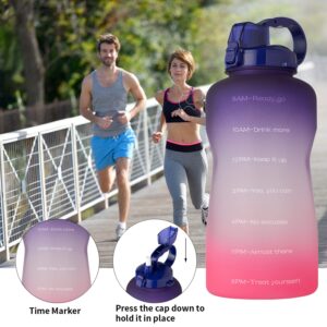 YIREN Large 1 Gallon Water Bottle with Time Marker Motivational & Straw, Leakproof Tritan BPA Free for Fitness, Gym, Outdoor Sports and Work (Purple to Pink)