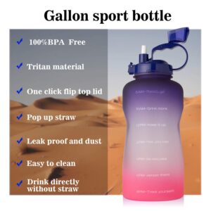 YIREN Large 1 Gallon Water Bottle with Time Marker Motivational & Straw, Leakproof Tritan BPA Free for Fitness, Gym, Outdoor Sports and Work (Purple to Pink)