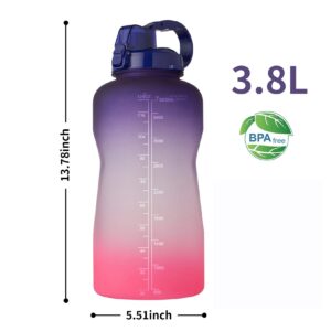 YIREN Large 1 Gallon Water Bottle with Time Marker Motivational & Straw, Leakproof Tritan BPA Free for Fitness, Gym, Outdoor Sports and Work (Purple to Pink)