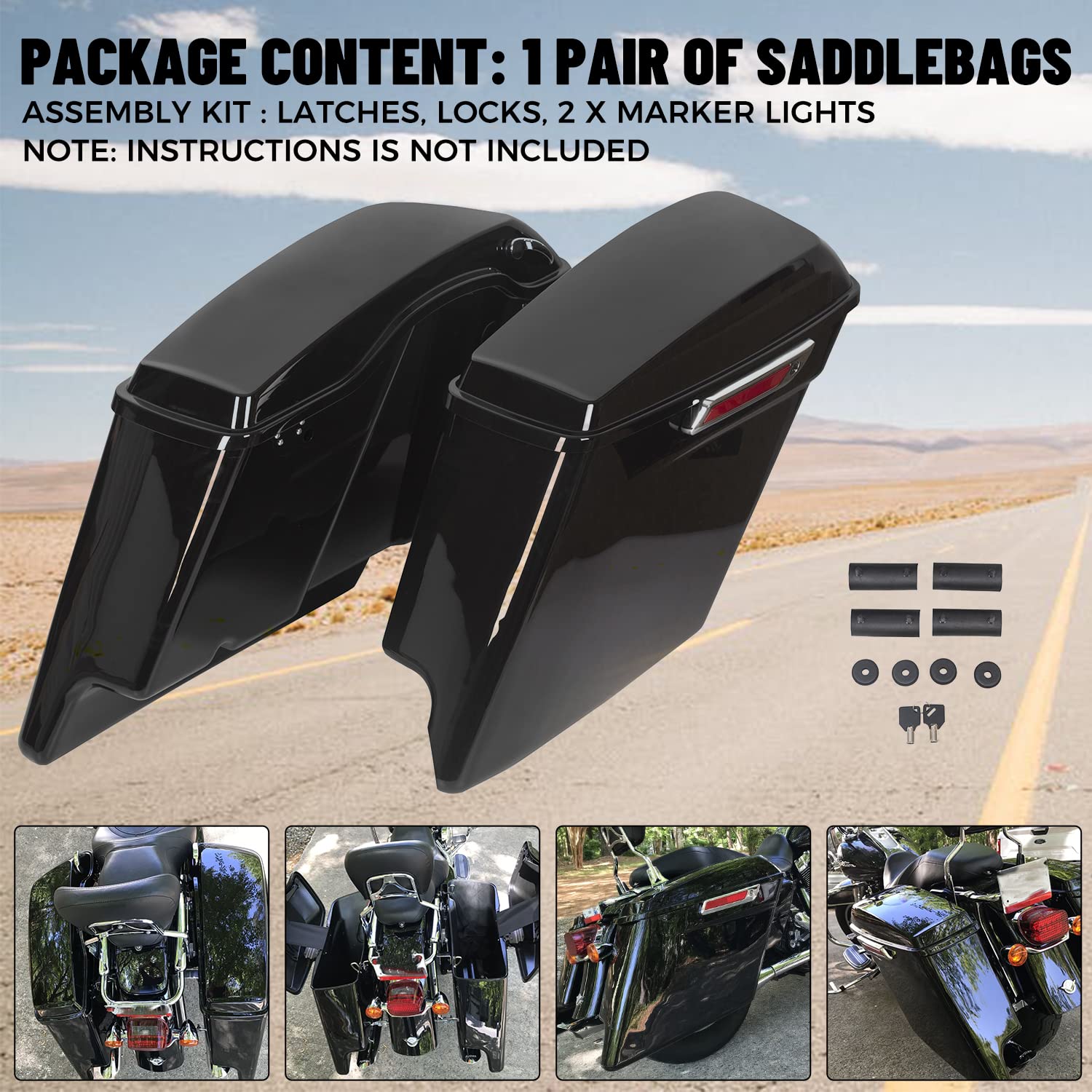 KUAFU 5'' Stretched Extended Saddlebags Compatible with 1993-2013 Harley Davidson Touring Road King Road Glide Street Glide Electra Glide Ultra Classic Hard Saddle Bags W/Lid & Latch Key