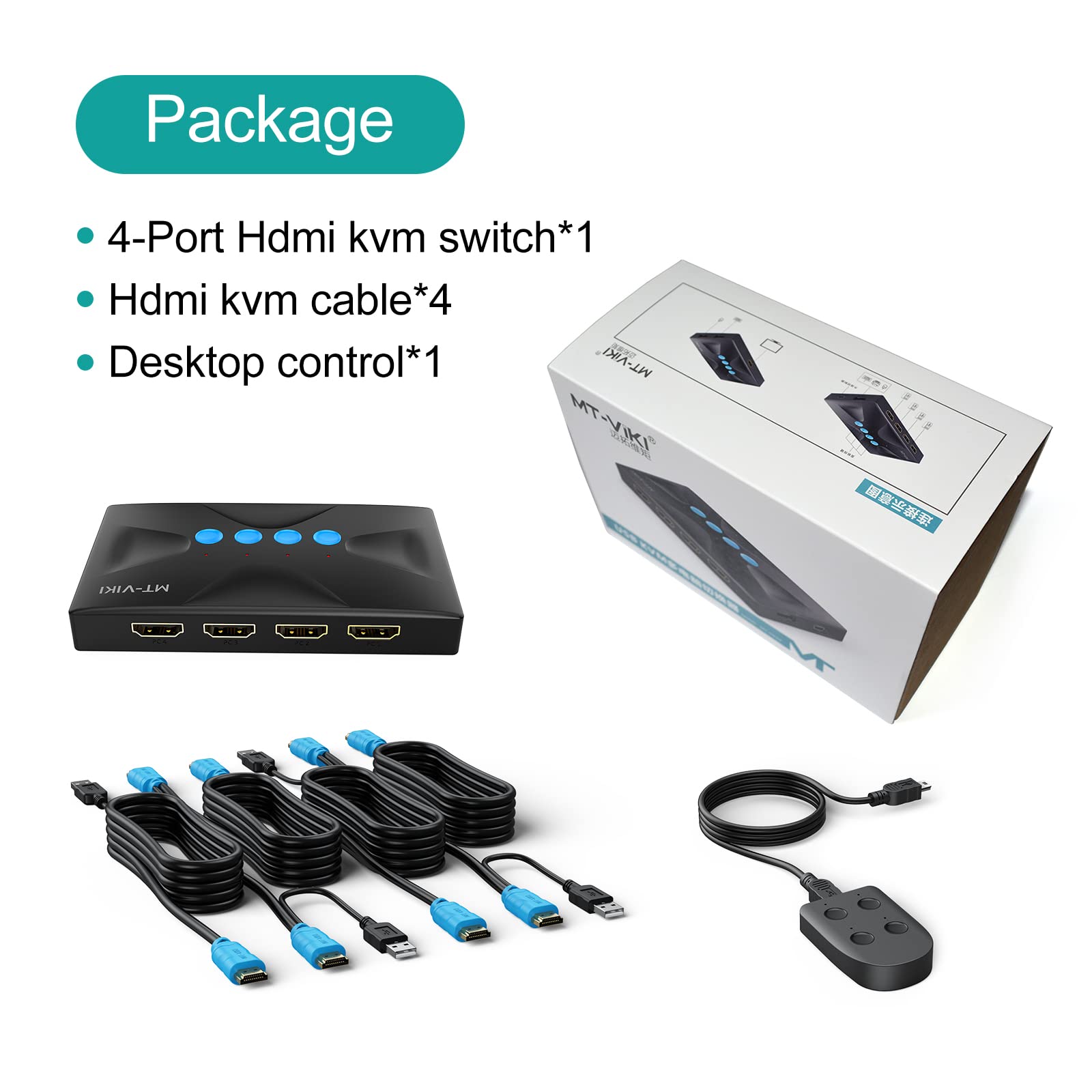 MT-VIKI KVM Switch 4 Port, HDMI KVM Switch for 4 Computers Share One HD 4K Monitor and 3 USB Devices Keyboard Mouse Printer, Including 4 KVM Cables and Wire-Desktop Controller