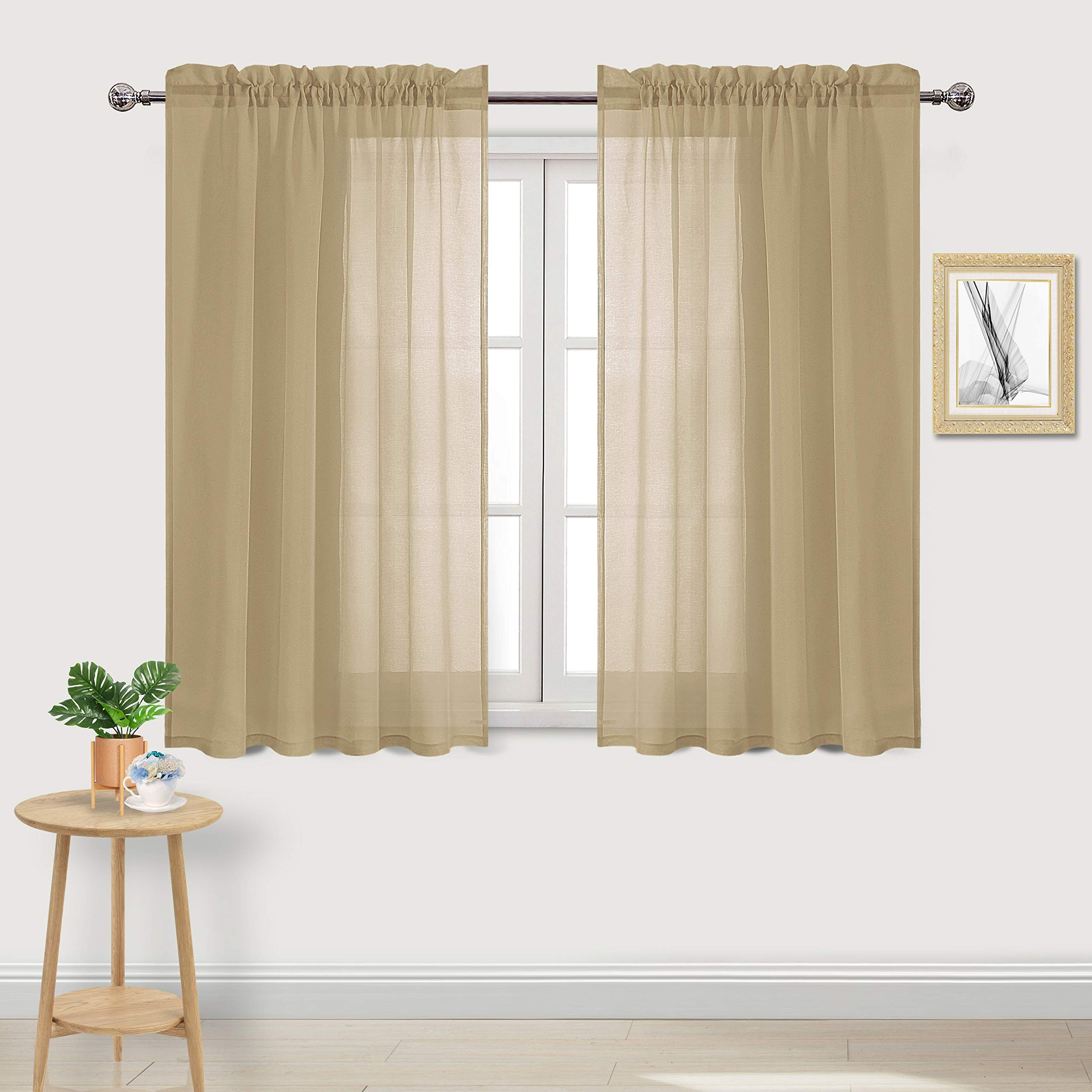 DWCN Taupe Sheer Curtains Semi Transparent Voile Rod Pocket Curtains for Bedroom and Living Room, 52 x 45 inches Long, Set of 2 Panels