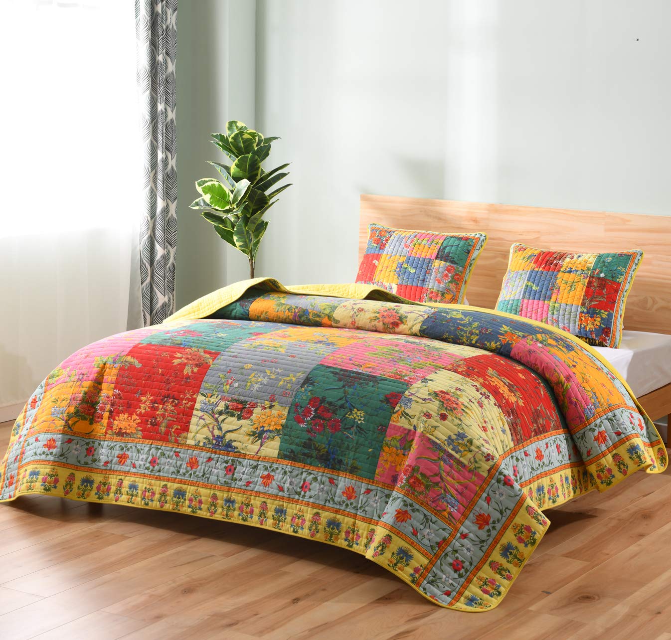 Hailea Boho Bedding Sets Queen Patchwork Quilt Set Vintage Floral Plaid Bedding Luxury Flower Quilt Lightweight Reversible Yellow Red Pink Bedspread Coverlets All Season, Boho Quilt Bohemia Quilt