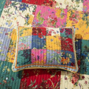 Hailea Boho Bedding Sets Queen Patchwork Quilt Set Vintage Floral Plaid Bedding Luxury Flower Quilt Lightweight Reversible Yellow Red Pink Bedspread Coverlets All Season, Boho Quilt Bohemia Quilt