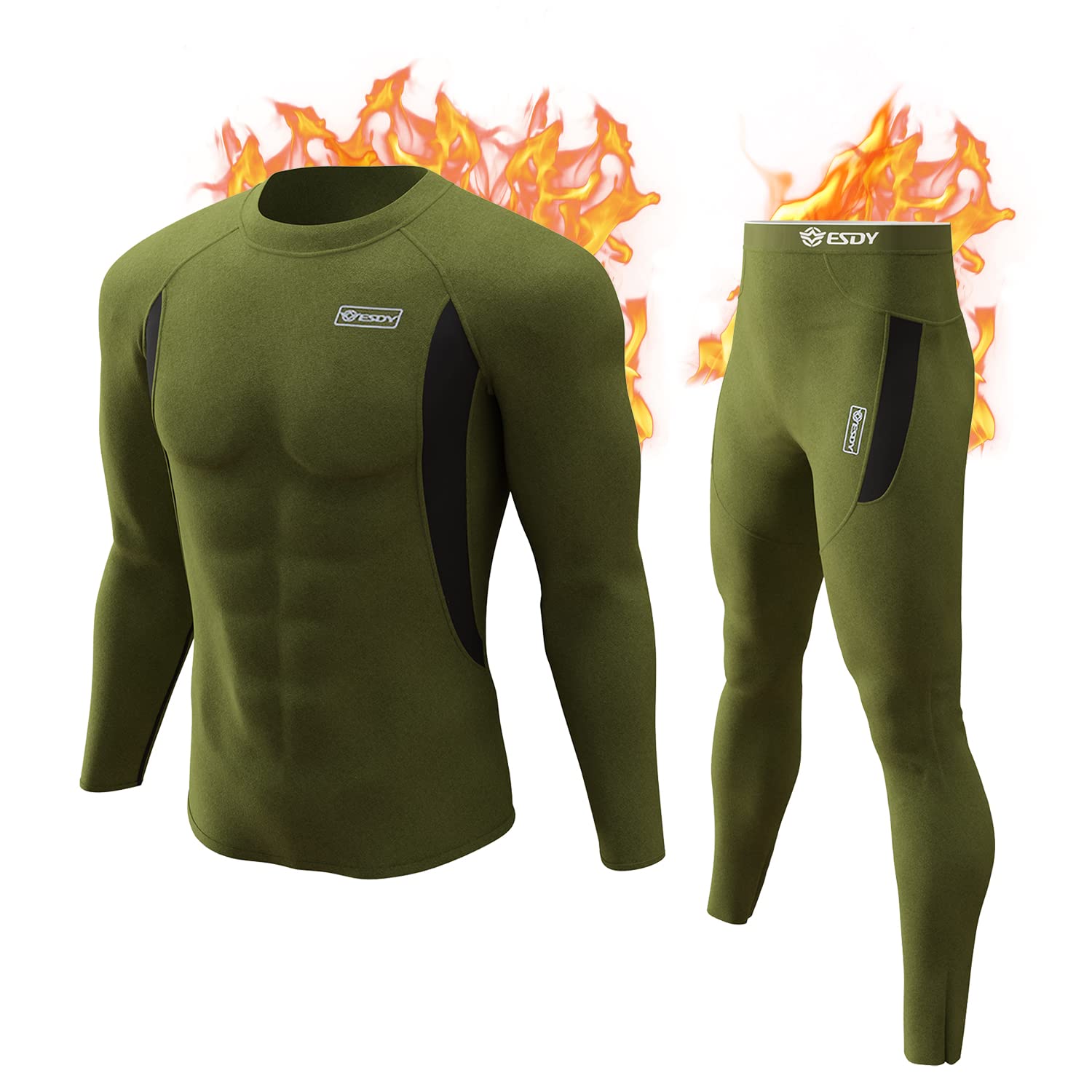 Thermal Underwear for Men, Winter Hunting Gear Sport Long Johns Base Layer Top and Bottom Set Midweight Army Green L