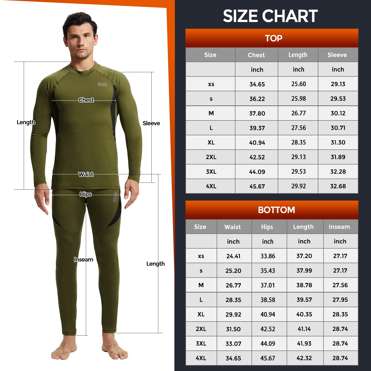 Thermal Underwear for Men, Winter Hunting Gear Sport Long Johns Base Layer Top and Bottom Set Midweight Army Green L