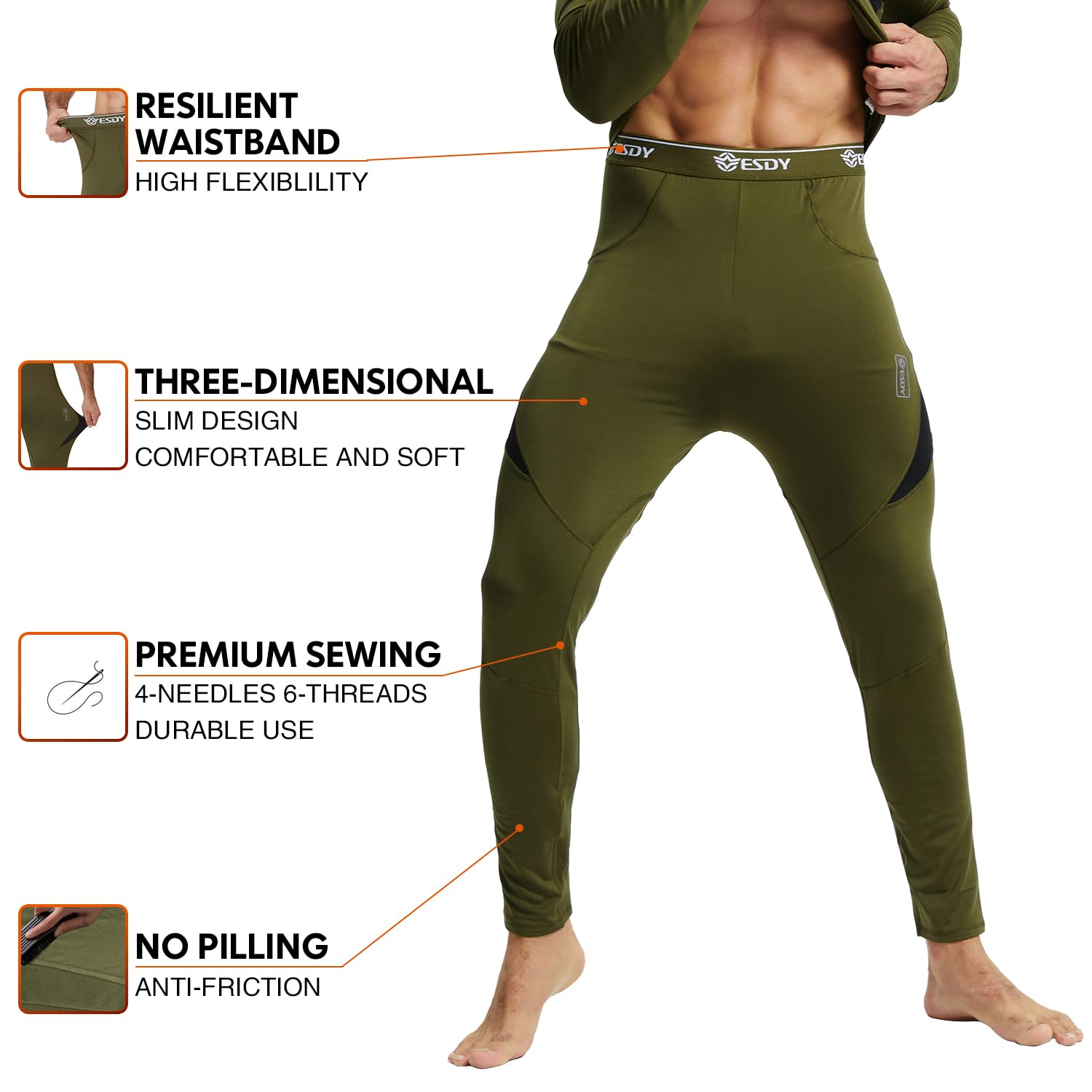 Thermal Underwear for Men, Winter Hunting Gear Sport Long Johns Base Layer Top and Bottom Set Midweight Army Green L