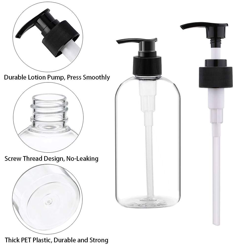 Empty Plastic Pump Bottles Dispenser 4 Pack 16oz/500ml Portable Clear BPA-Free Cylinder Shampoo Lotion Hand Pump Bottle Durable Refillable Containers for Massage Oil, Liquid Soap