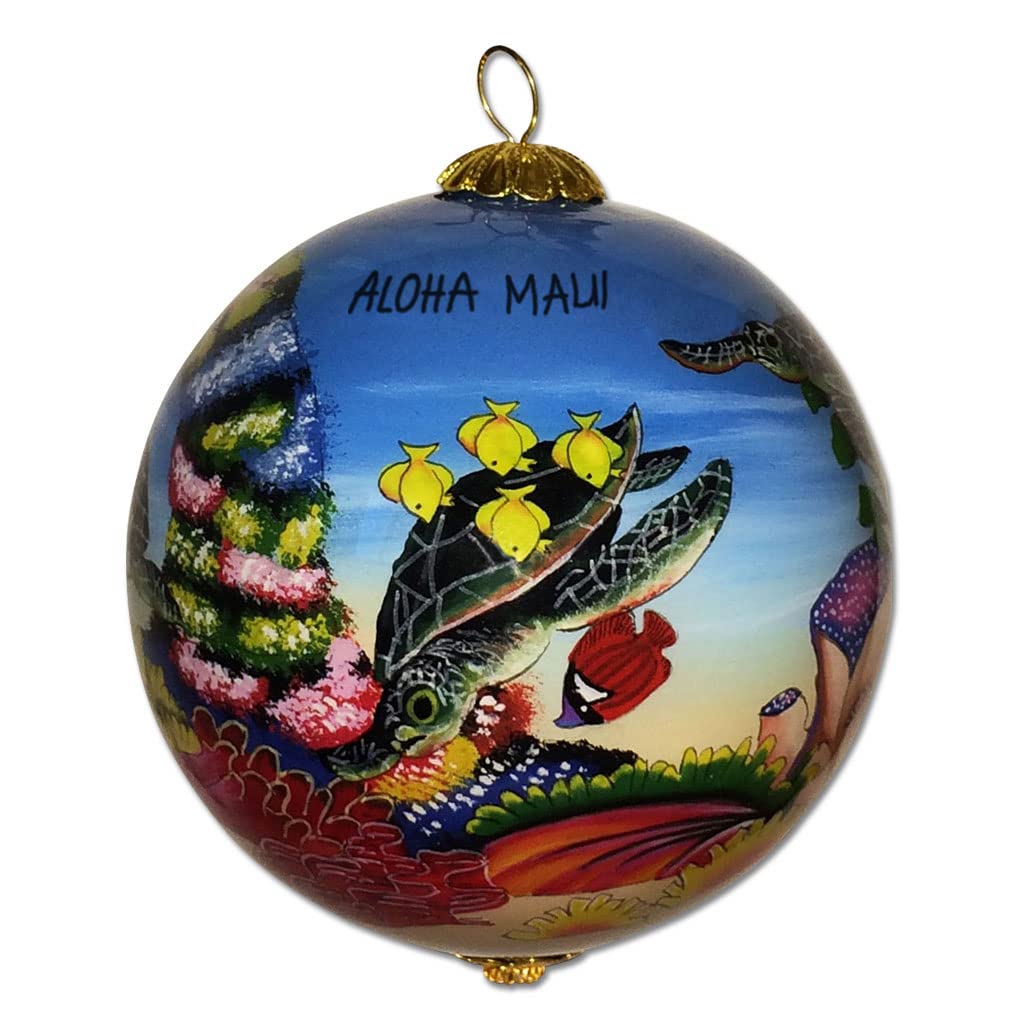 Collectible Hawaiian Sea Turtles Ornament Collectible, Hand Painted from Inside The Glass TA/M