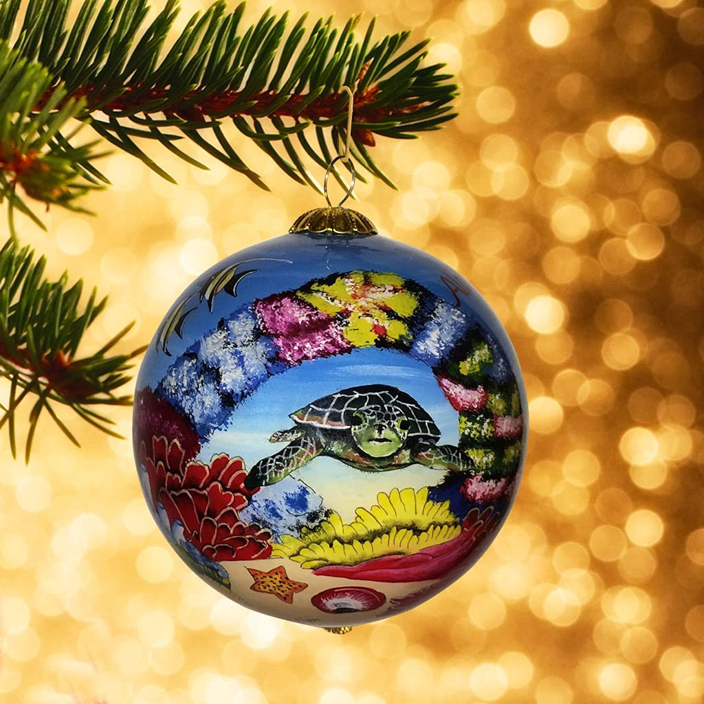 Collectible Hawaiian Sea Turtles Ornament Collectible, Hand Painted from Inside The Glass TA/M