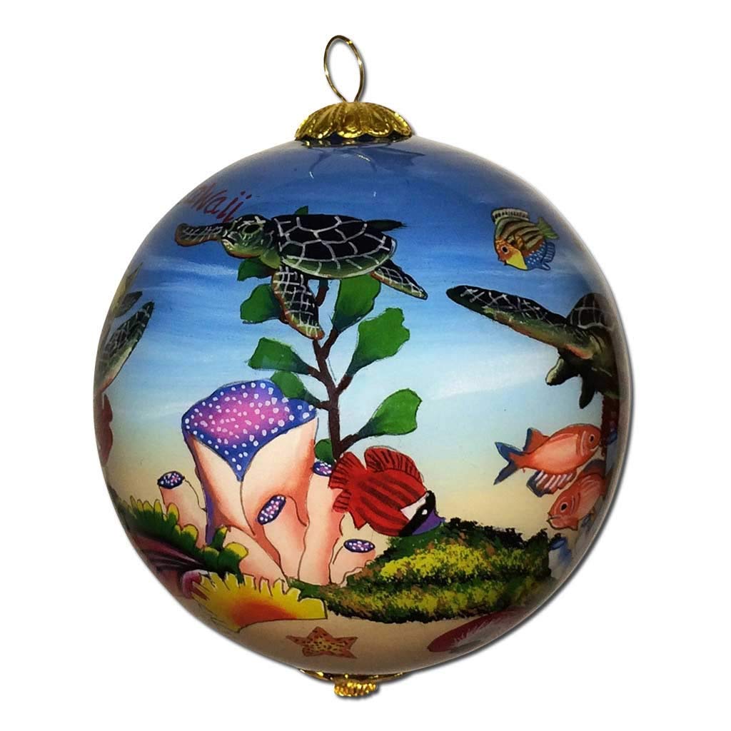 Collectible Hawaiian Sea Turtles Ornament Collectible, Hand Painted from Inside The Glass TA/M