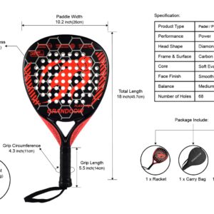 GRANDCOW Padel Racket Padel Racquet Carbon Fiber Surface with EVA Memory Flex Foam Core Diamond Shape POP Tennis Paddle Rackets (Strong Red)