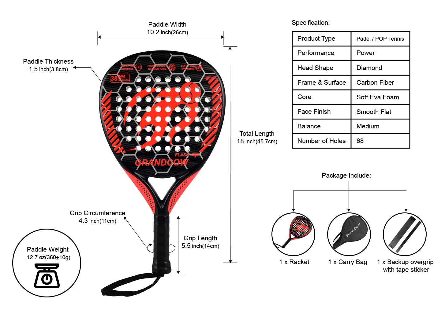 GRANDCOW Padel Racket Padel Racquet Carbon Fiber Surface with EVA Memory Flex Foam Core Diamond Shape POP Tennis Paddle Rackets (Strong Red)