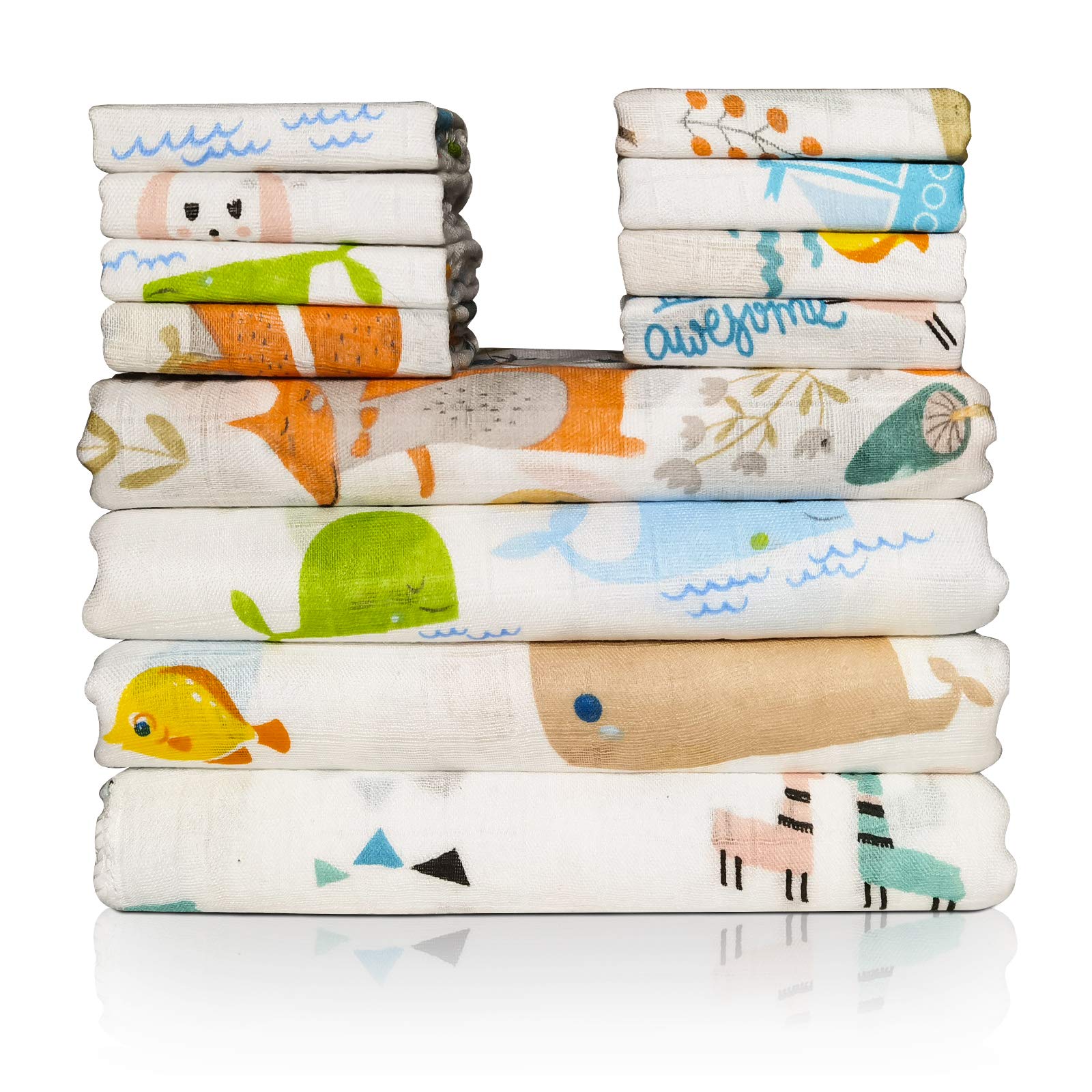 Omilion Baby Swaddle Blanket and Washcloths Set,12 Pieces Muslin Cotton Baby Swaddle Wrap and Wash Cloths Unisex for Boys and Girls, 4 Pack for 40 x 40 Inches and 8 Pack for 8 x 10 Inches