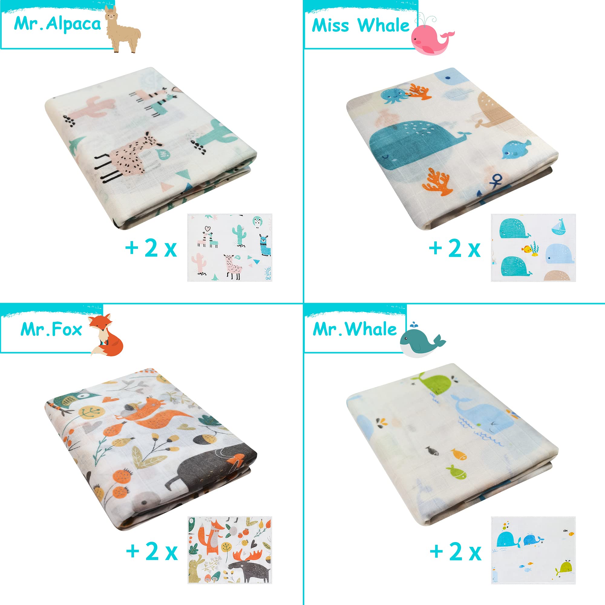 Omilion Baby Swaddle Blanket and Washcloths Set,12 Pieces Muslin Cotton Baby Swaddle Wrap and Wash Cloths Unisex for Boys and Girls, 4 Pack for 40 x 40 Inches and 8 Pack for 8 x 10 Inches